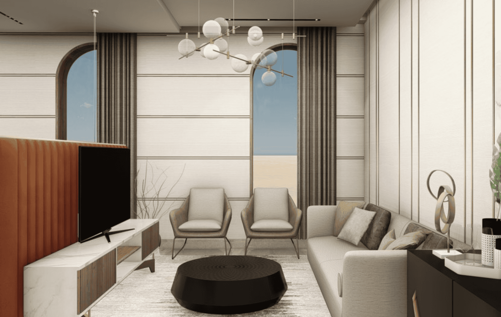 Elegant living room with large arched windows, stylish furniture, and contemporary lighting for a so.